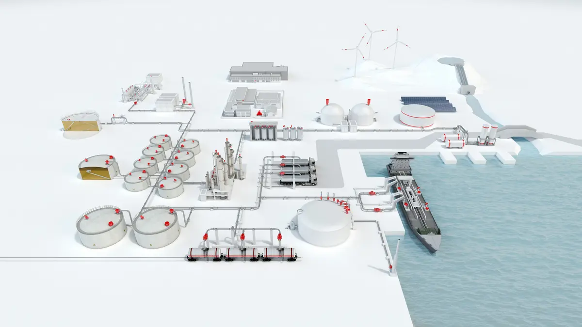 A 3D schematic of a coastal industrial facility with interconnected tanks, piping, and red safety devices, plus a docked ship and wind turbines in the background.